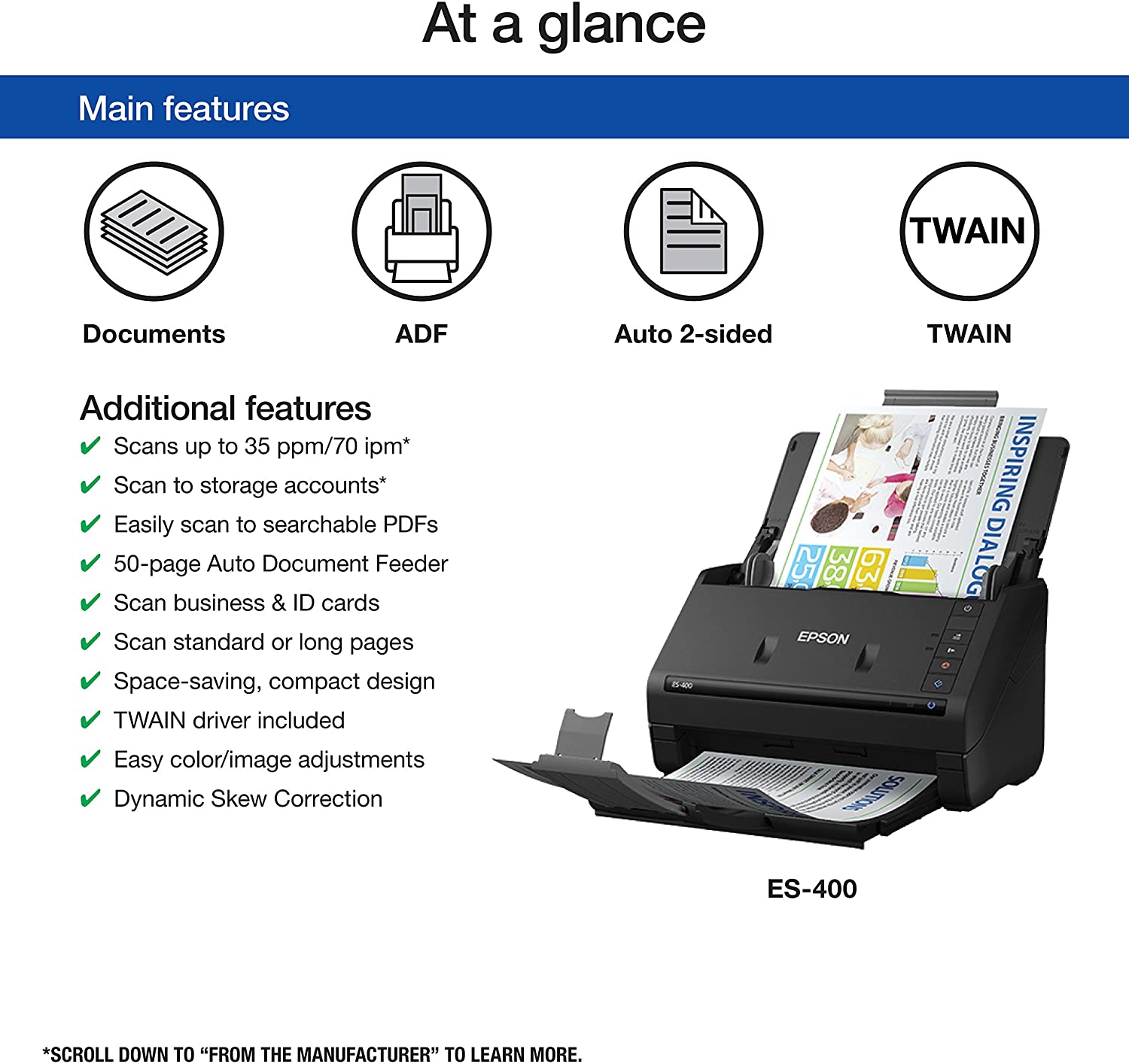 Epson WorkForce ES-400 Color Duplex Document Scanner for PC and Mac, Auto Document Feeder (ADF) Epson WorkForce ES-400 Color Duplex Document Scanner for PC and Mac, Auto Document Feeder (ADF)